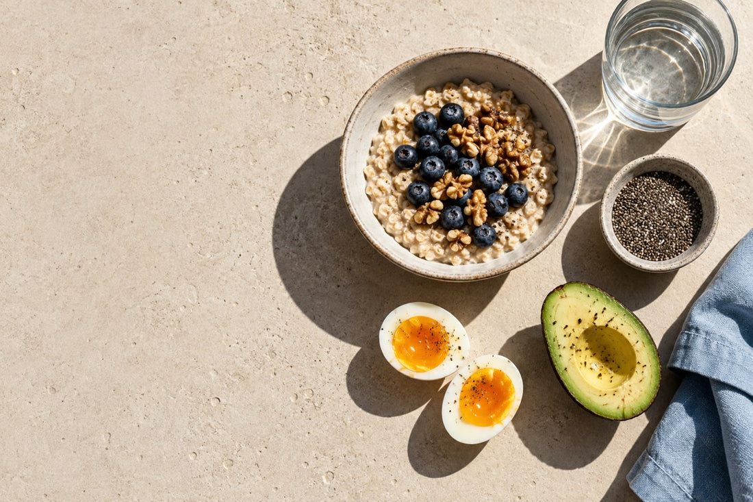 A breakfast table with eggs, greens, berries and whole grains